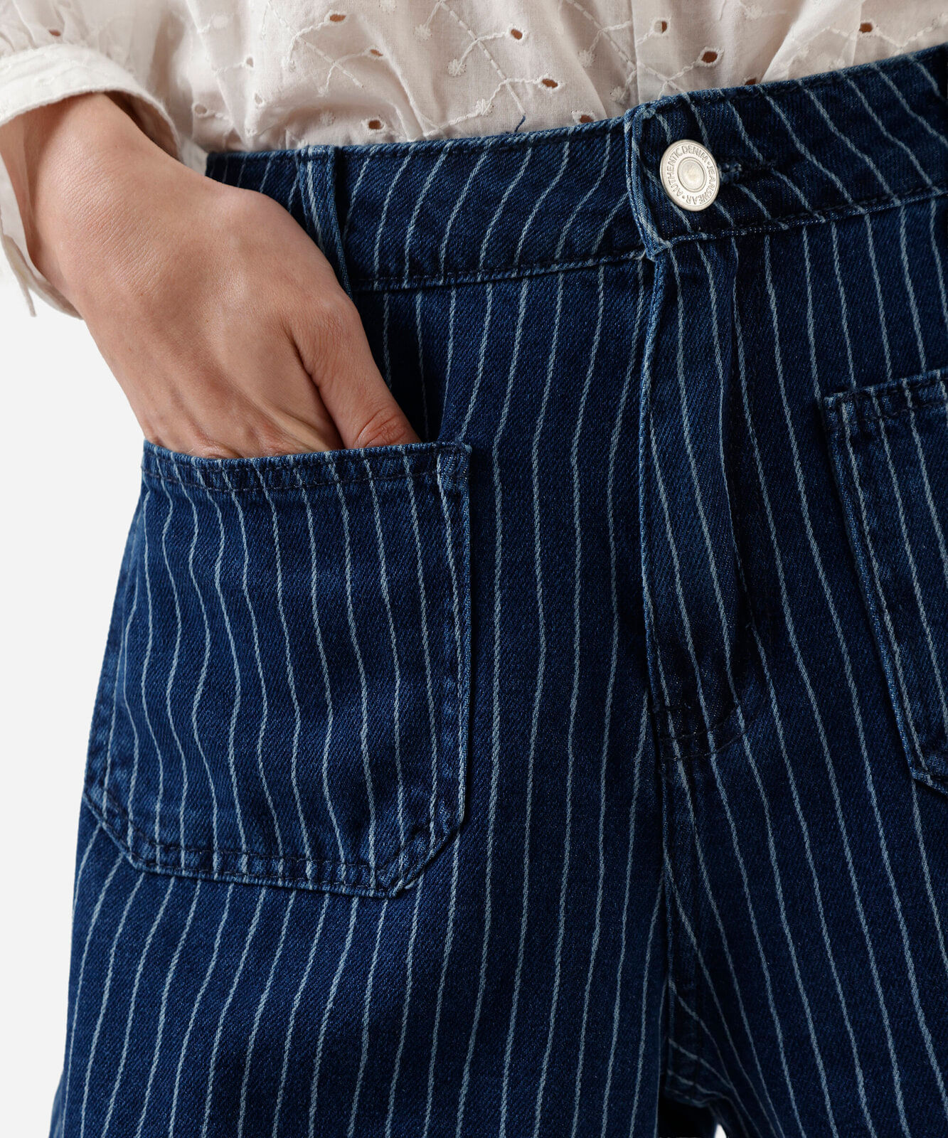 short jeans feminino cintura alta listrado azul