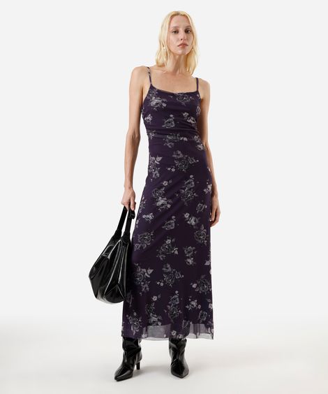 vestido longo alça fina feminino de tule com franzido floral roxo