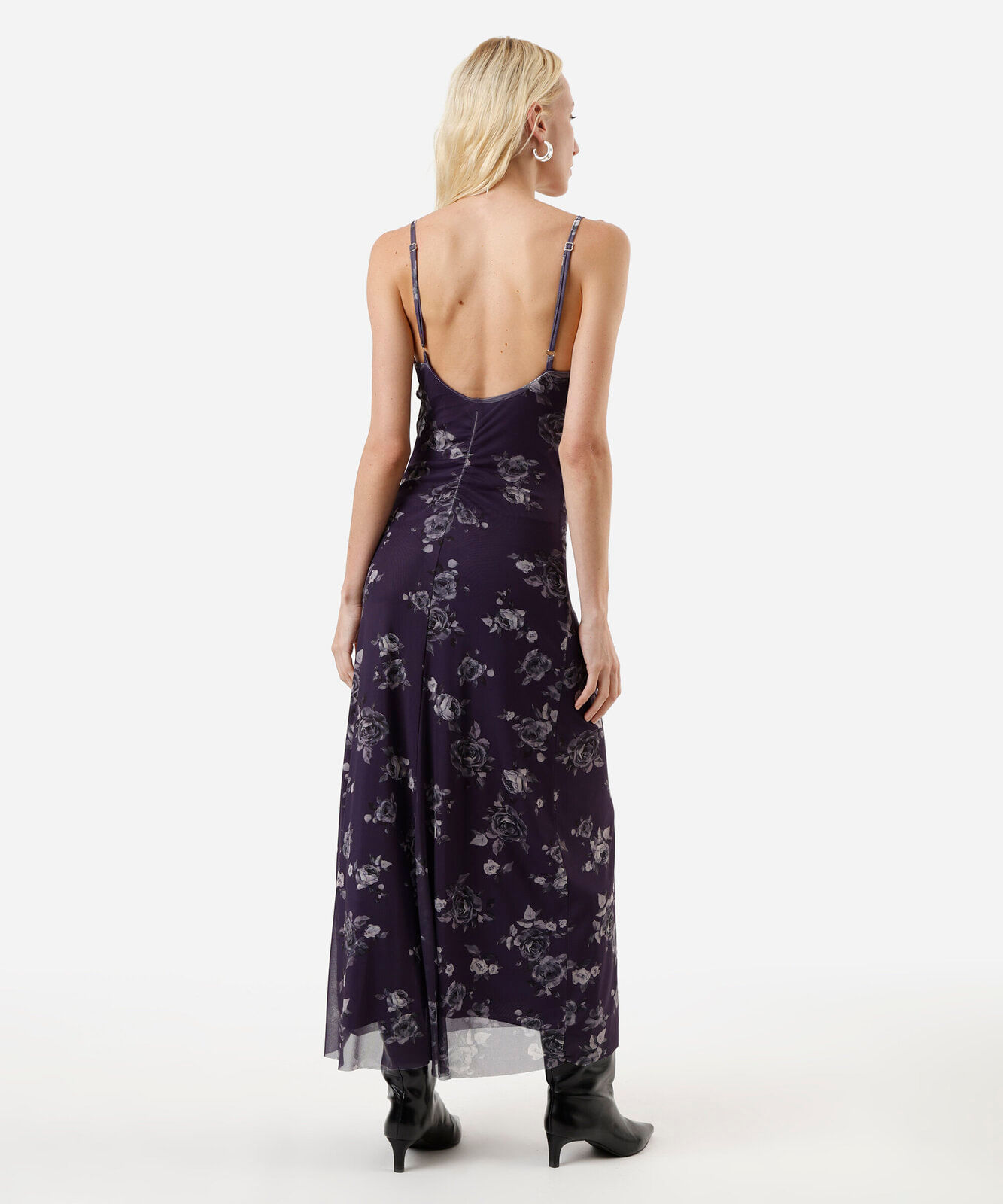 vestido longo alça fina feminino de tule com franzido floral roxo