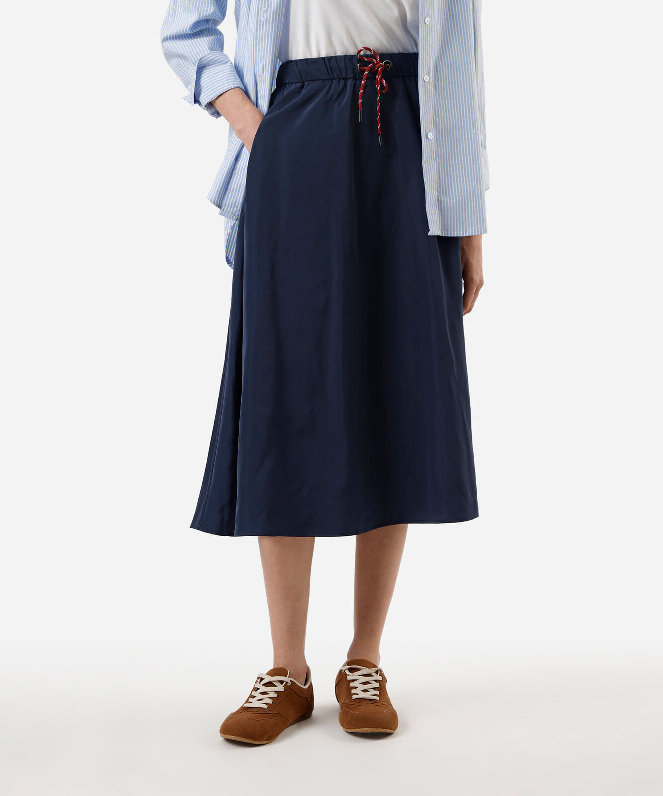 saia midi feminina com bolsos e zíper azul
