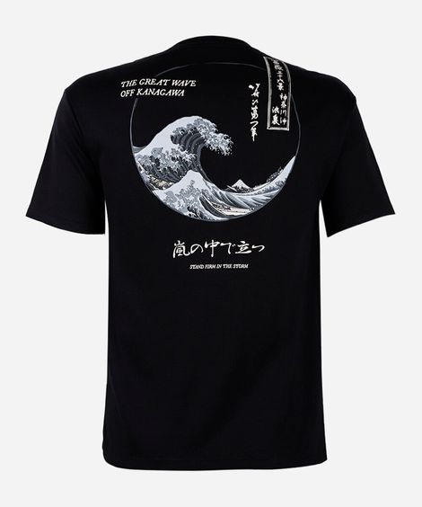 camiseta juvenil manga curta a onda de kanagawa preta