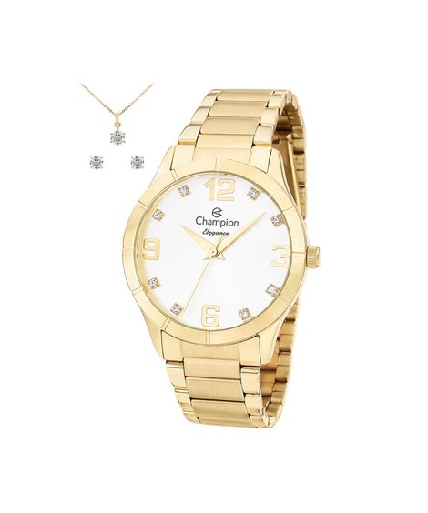 kit relógio feminino champion analógico cn26055w dourado