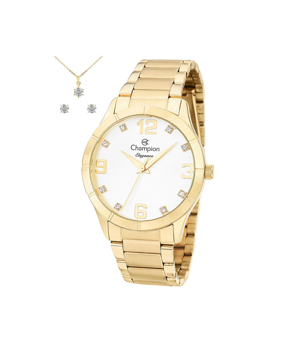 kit relógio feminino champion analógico cn26055w dourado