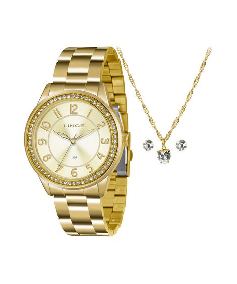 kit relógio feminino lince analógico lrg4339l k225c2kx dourado