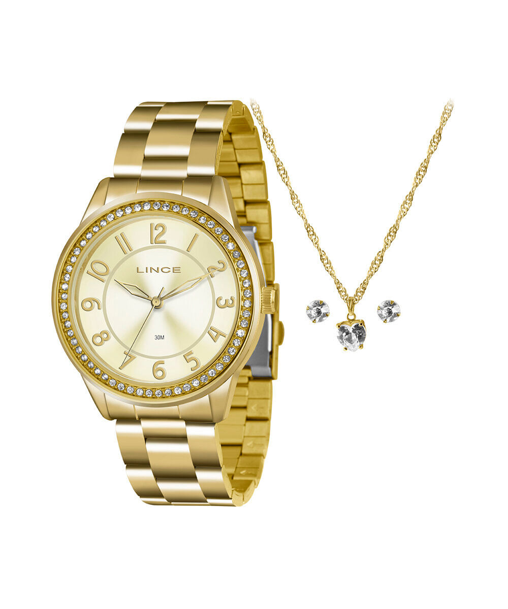kit relógio feminino lince analógico lrg4339l k225c2kx dourado