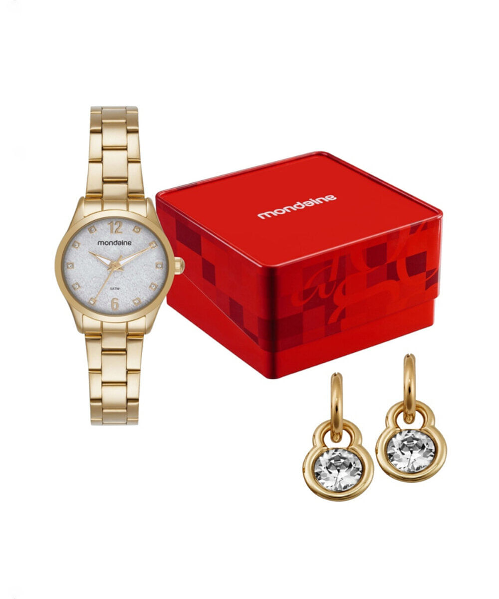 kit relógio feminino mondaine analógico 99803lpmkde1k1 dourado