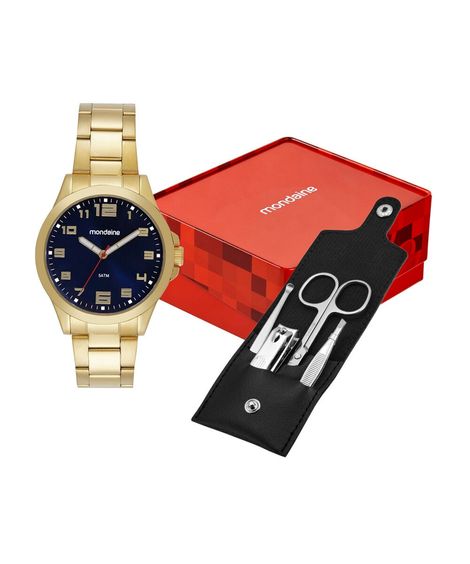 kit relógio masculino mondaine analógico 83516gpmvde1kb dourado
