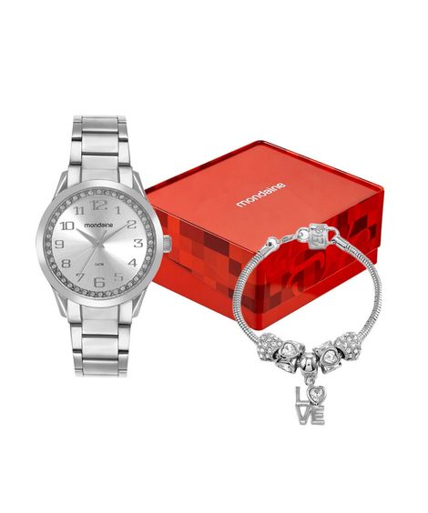 kit relógio feminino mondaine analógico 99764l0mvne1kd prateado