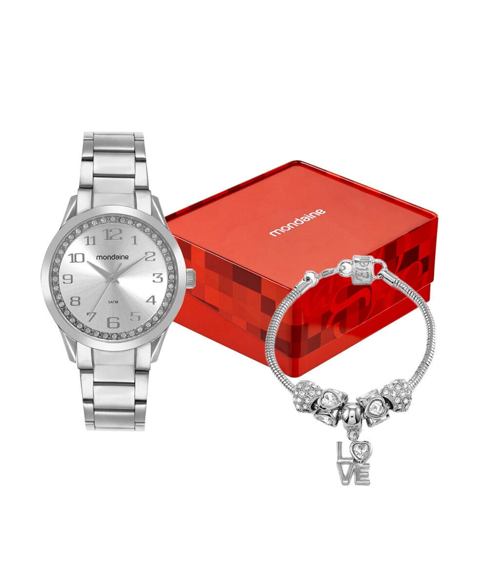 kit relógio feminino mondaine analógico 99764l0mvne1kd prateado