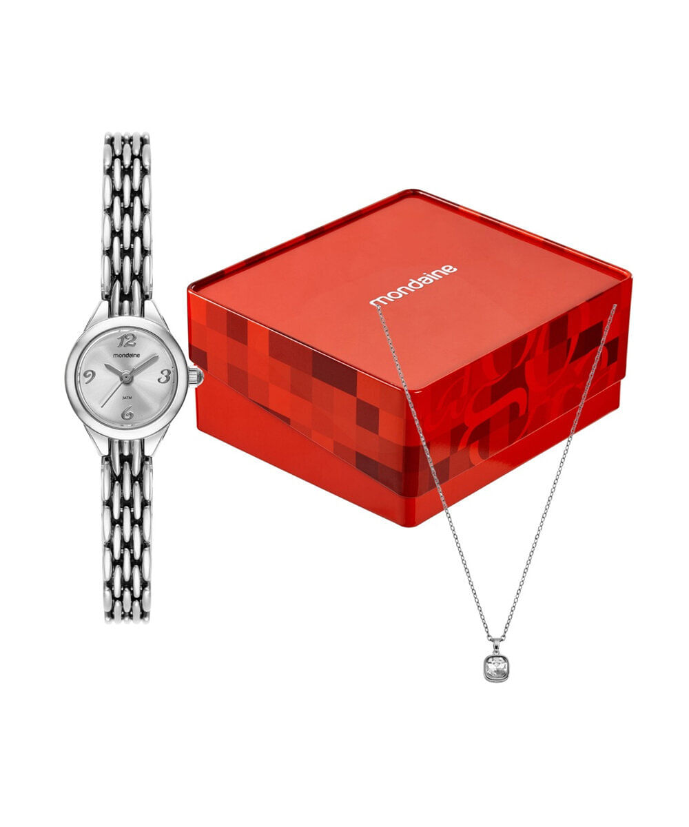 kit relógio feminino mondaine analógico 99782l0mvnm2kc prateado
