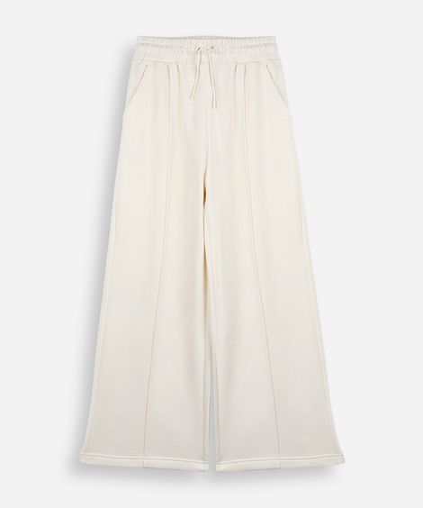 calça wide leg juvenil com nervuras cós elástico bege