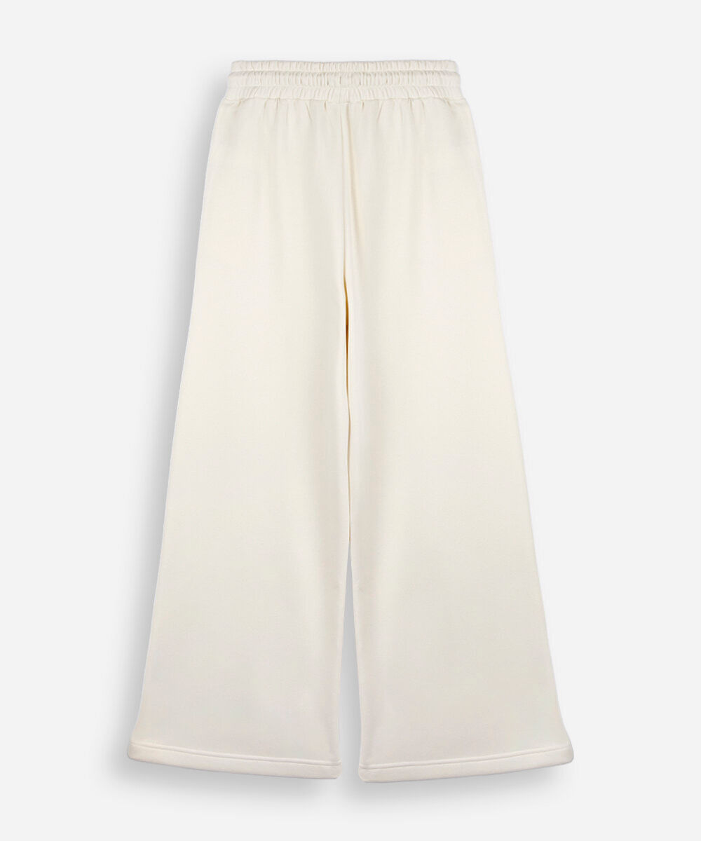 calça wide leg juvenil com nervuras cós elástico bege