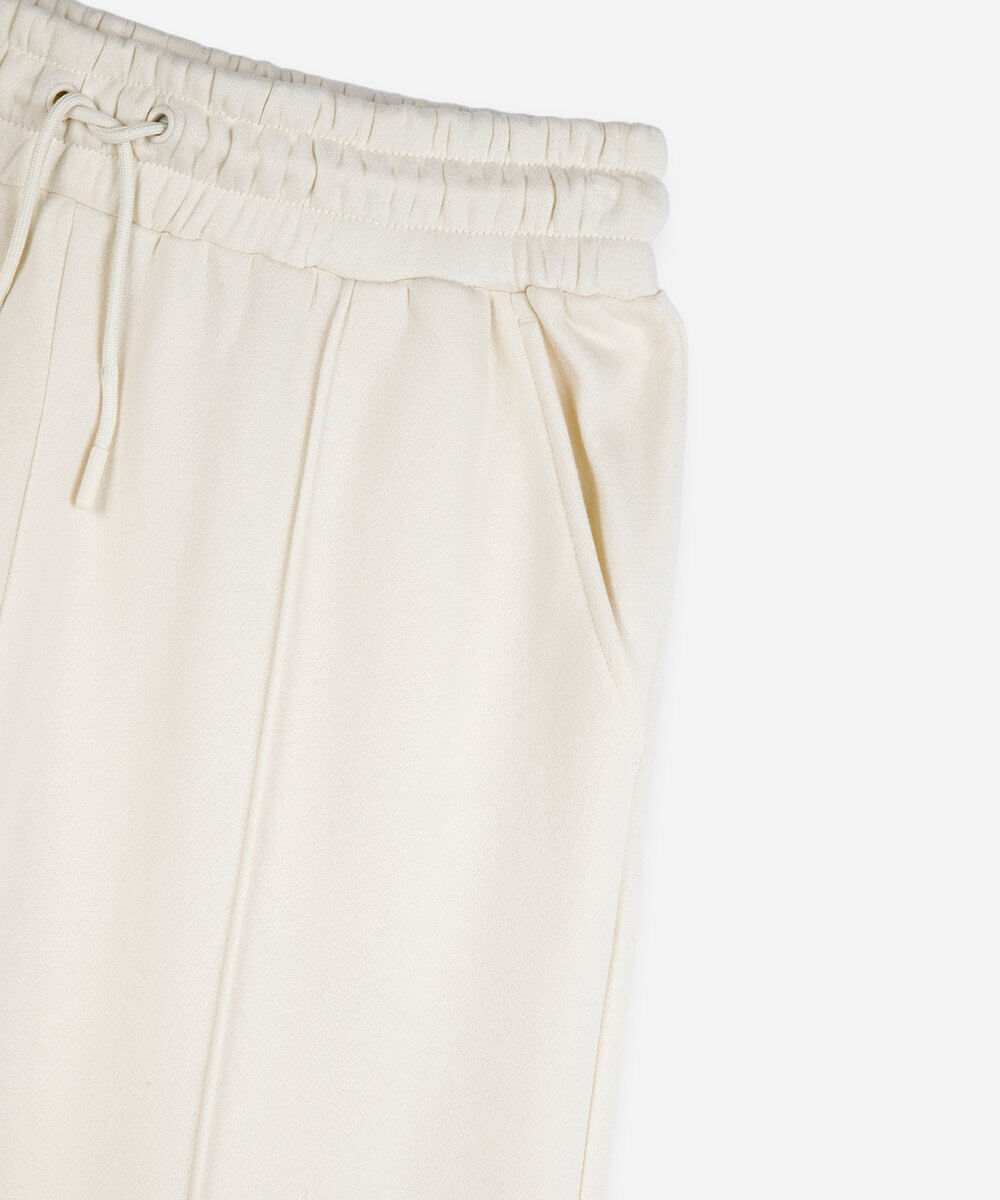 calça wide leg juvenil com nervuras cós elástico bege