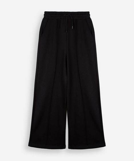 calça wide leg juvenil com nervuras cós elástico preto