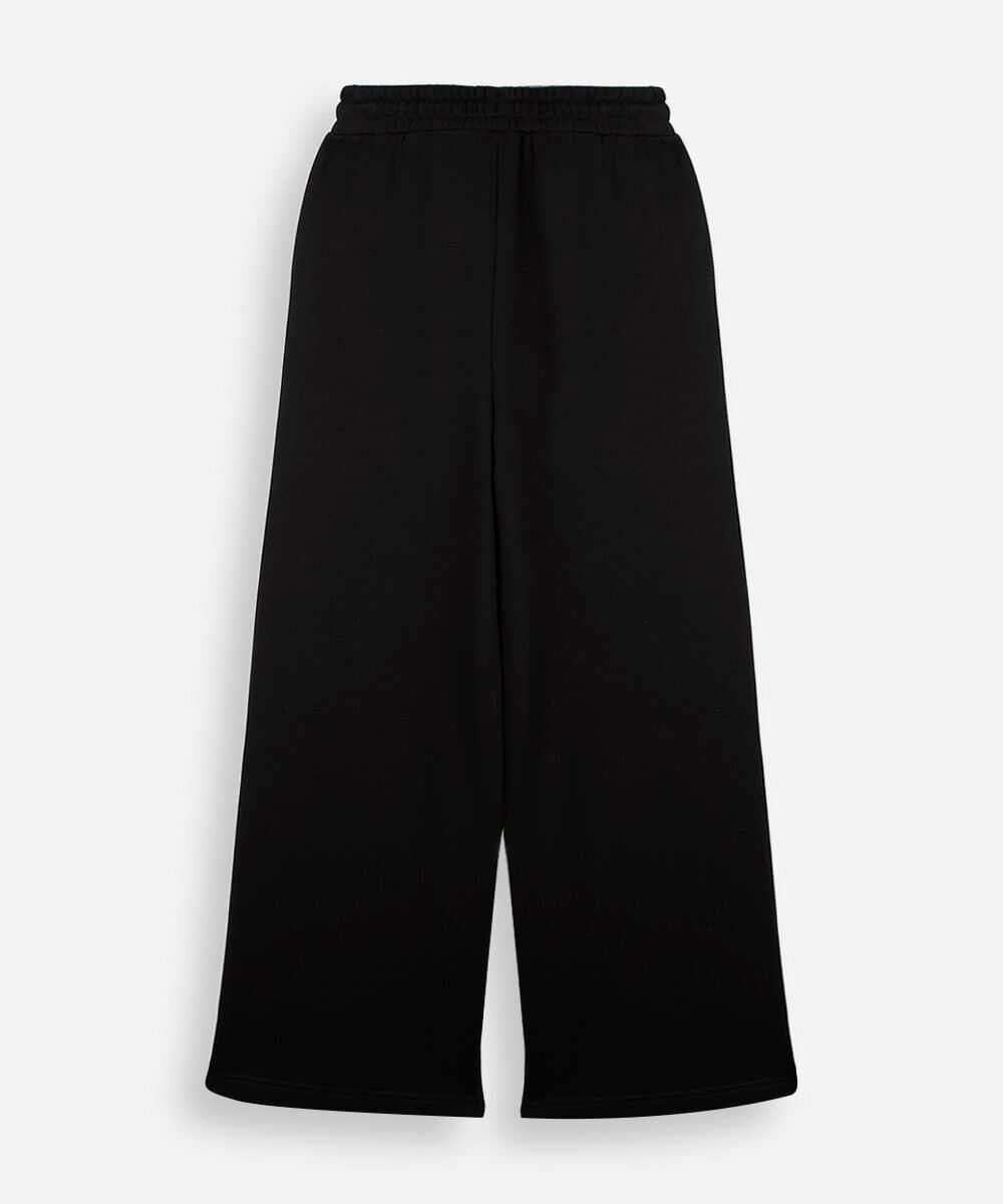 calça wide leg juvenil com nervuras cós elástico preto