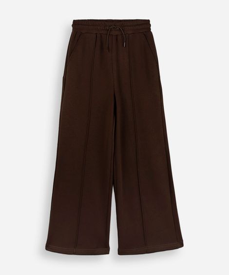 calça wide leg juvenil com nervuras cós elástico marrom