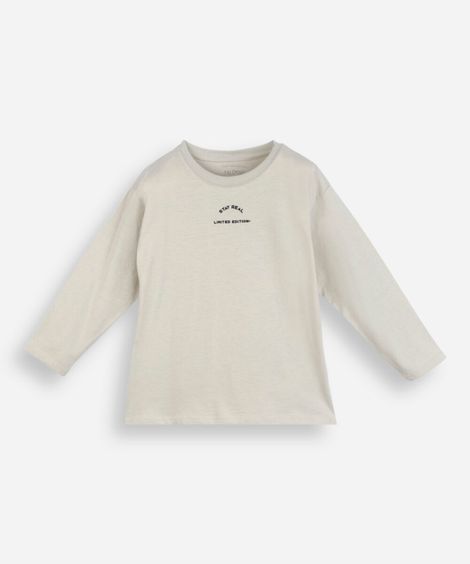 camiseta infantil manga longa oversized estampada bege