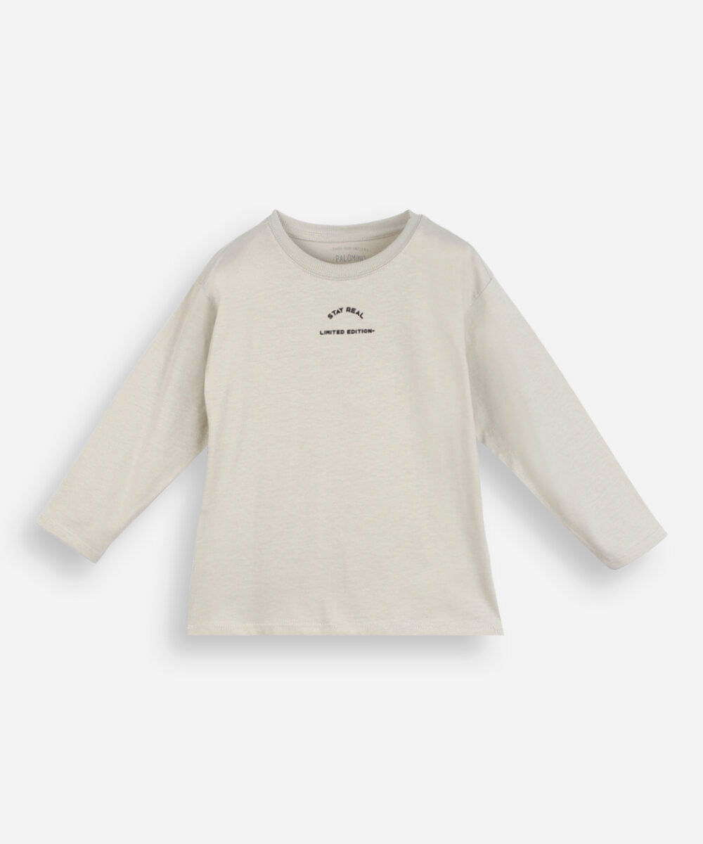 camiseta infantil manga longa oversized estampada bege