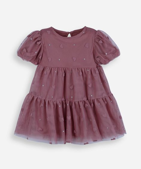 vestido infantil de tule puff corações rosa