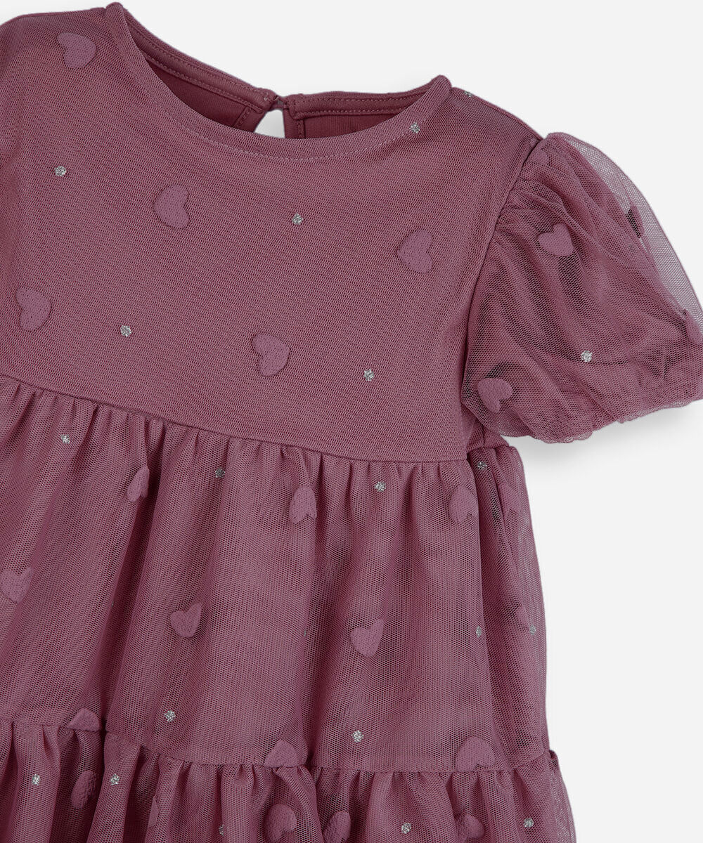 vestido infantil de tule puff corações rosa