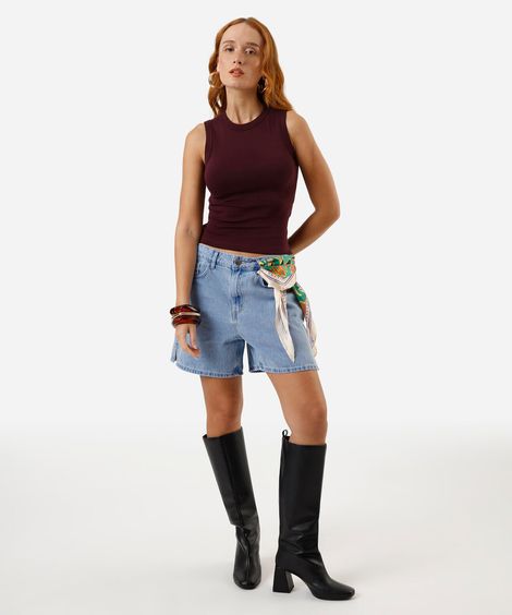 bermuda mom feminina jeans cintura média azul