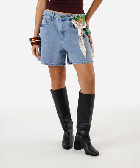 bermuda mom feminina jeans cintura média azul