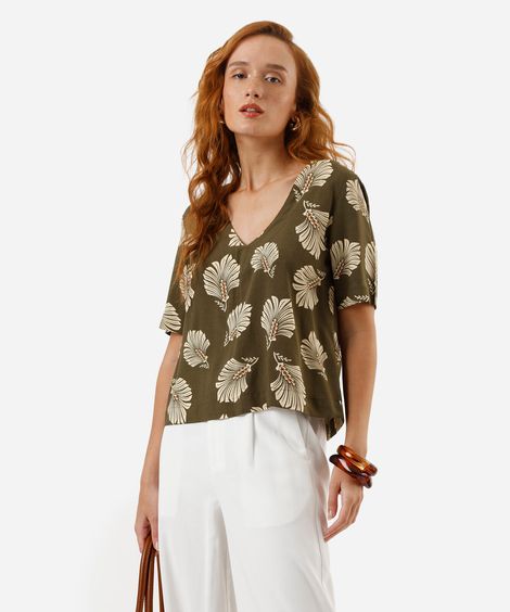 blusa feminina de viscose estampa folha leque verde