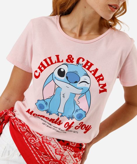 camiseta feminina estampa flocada stitch rosa