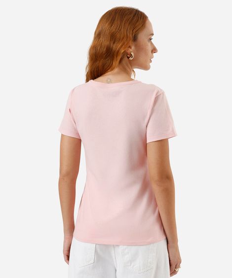 camiseta feminina estampa flocada stitch rosa