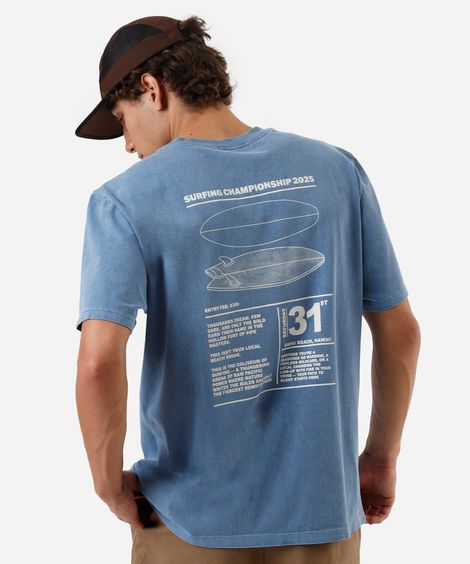 camiseta masculina de algodão estampada estonada azul