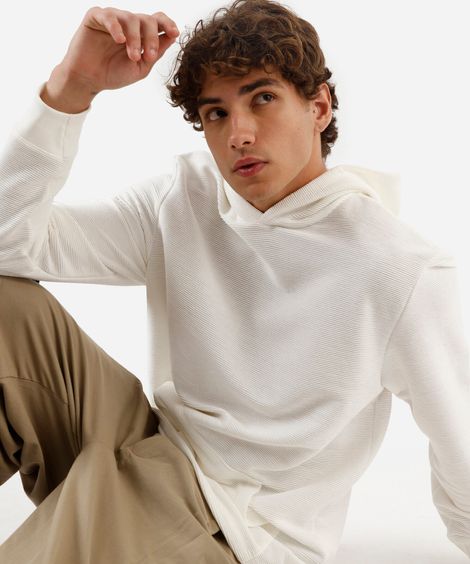 camiseta masculina manga longa com capuz canelada off white