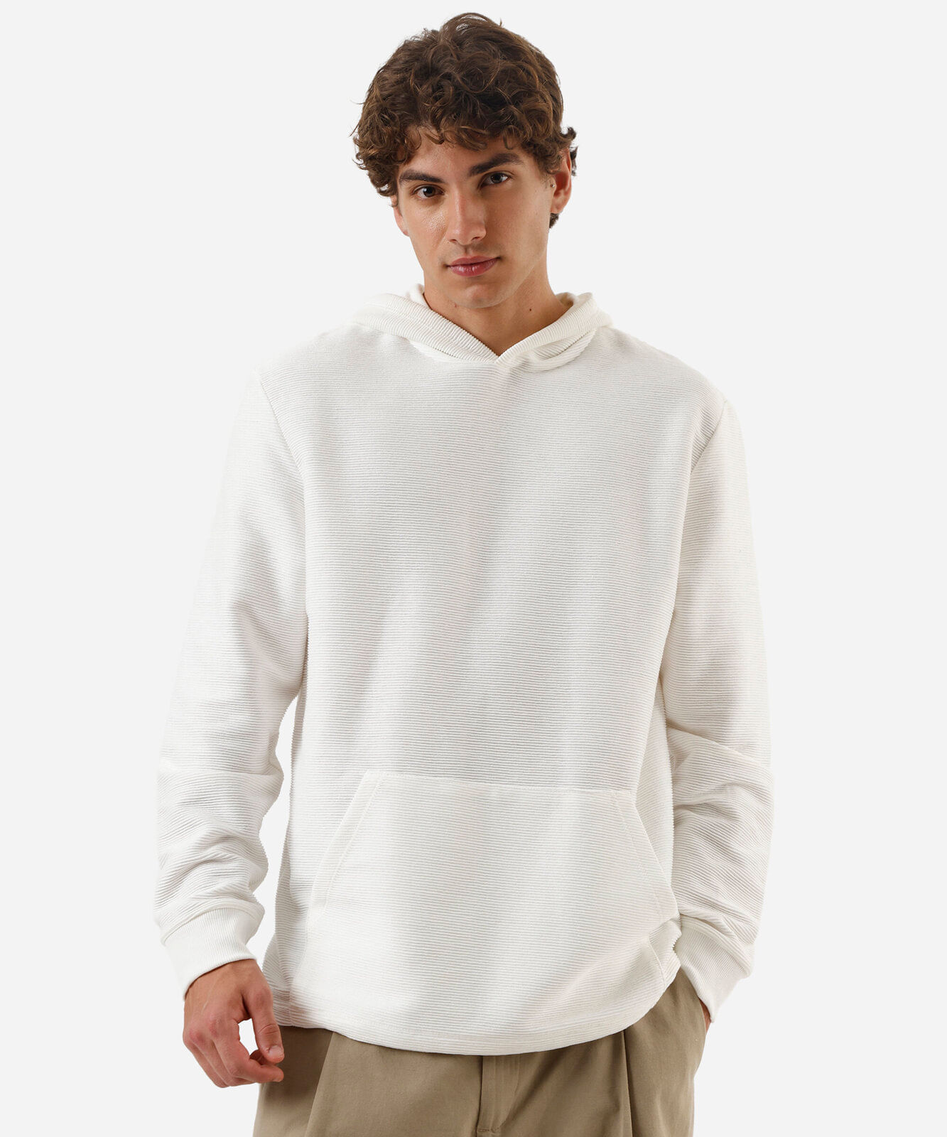 camiseta masculina manga longa com capuz canelada off white