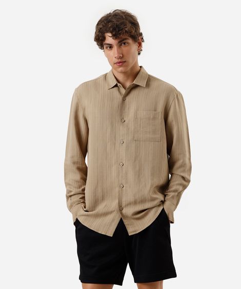 camisa masculina com viscose manga longa texturizada bege