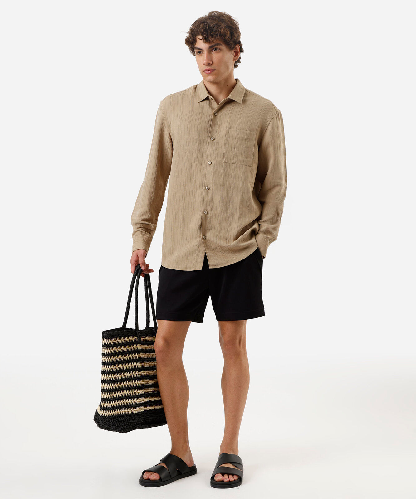 camisa masculina com viscose manga longa texturizada bege