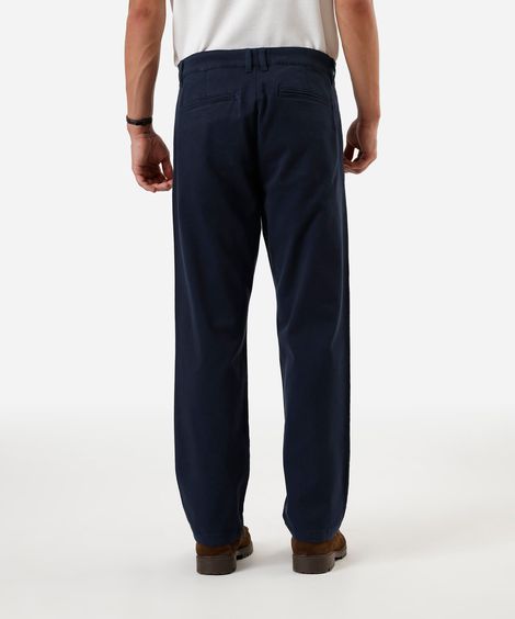 calça chino reta masculina de sarja com pregas azul