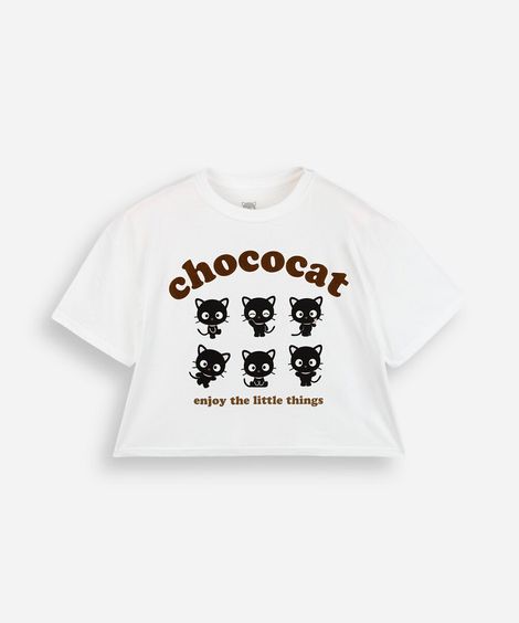 camiseta cropped juvenil de algodão chococat hello kitty off white