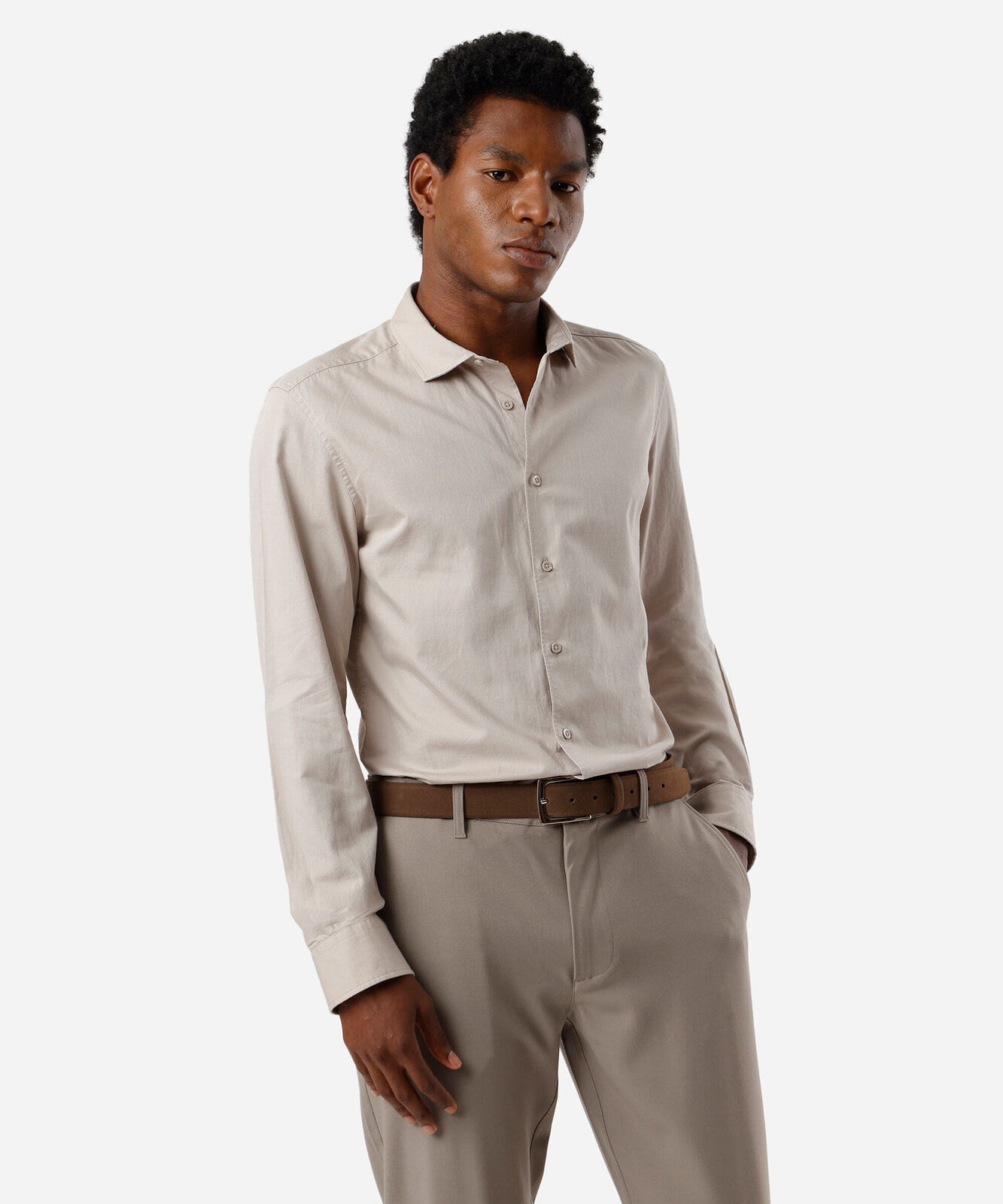 camisa slim fit masculina de algodão bege