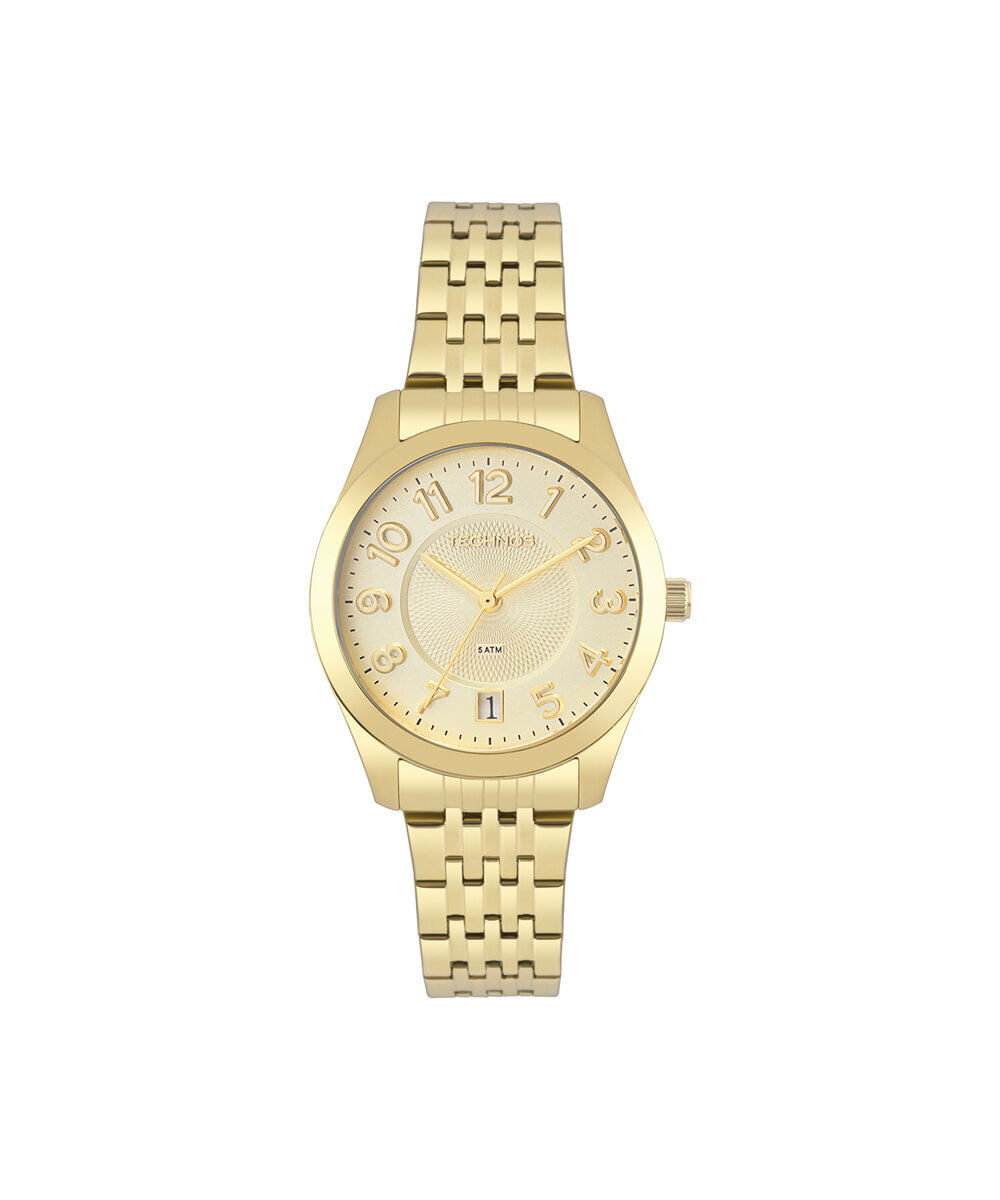 relógio feminino technos analógico calendário 2115knjs 4x dourado
