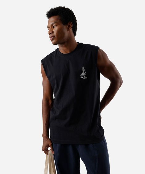 regata machão masculina de algodão estampada barco cão preta