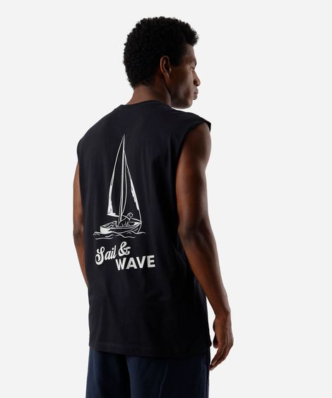 regata machão masculina de algodão estampada barco cão preta