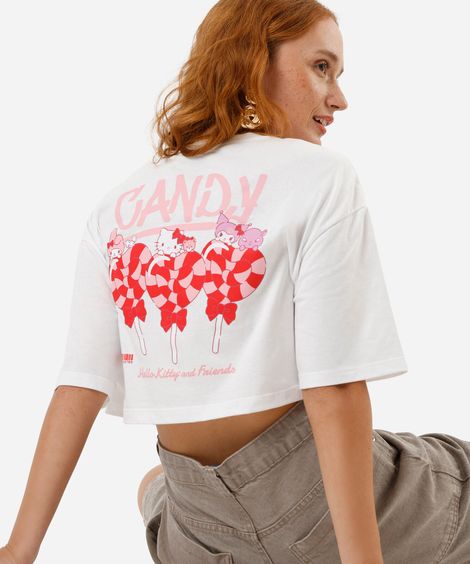 camiseta feminina cropped hello kitty bala off white