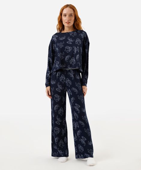 pijama feminino longo stitch azul