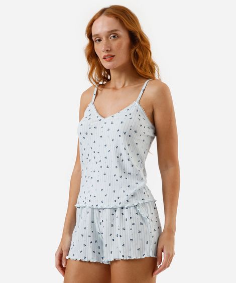 pijama short doll canelado floral azul