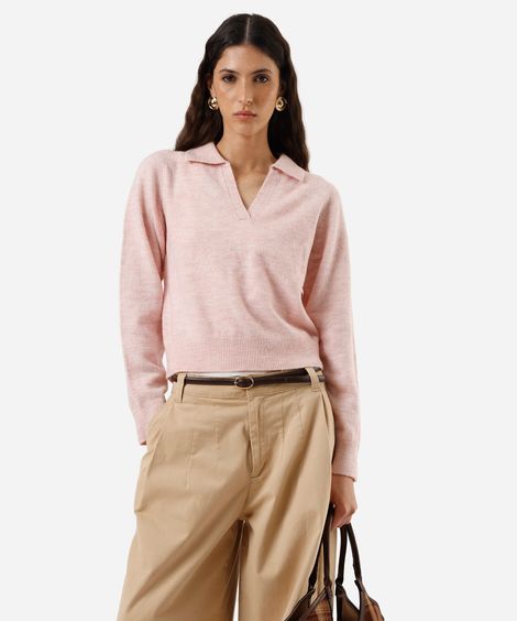 polo básica feminina de tricot manga longa rosa