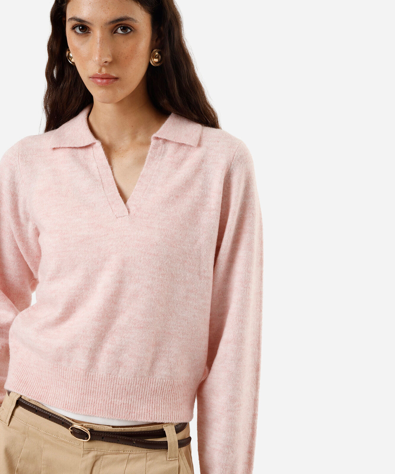 polo básica feminina de tricot manga longa rosa