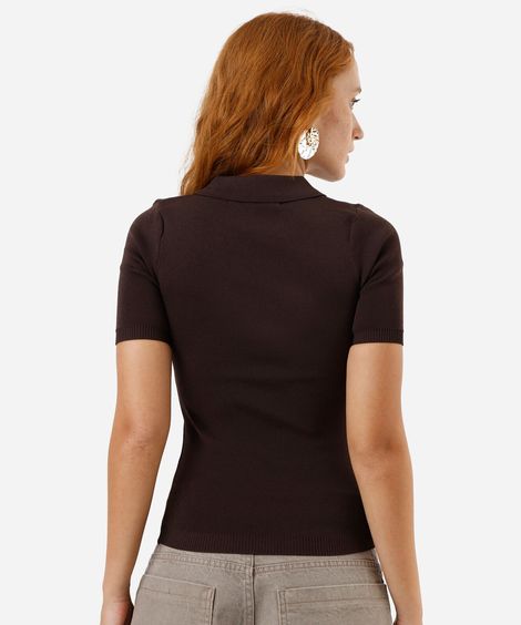 polo feminina de tricot com zíper marrom