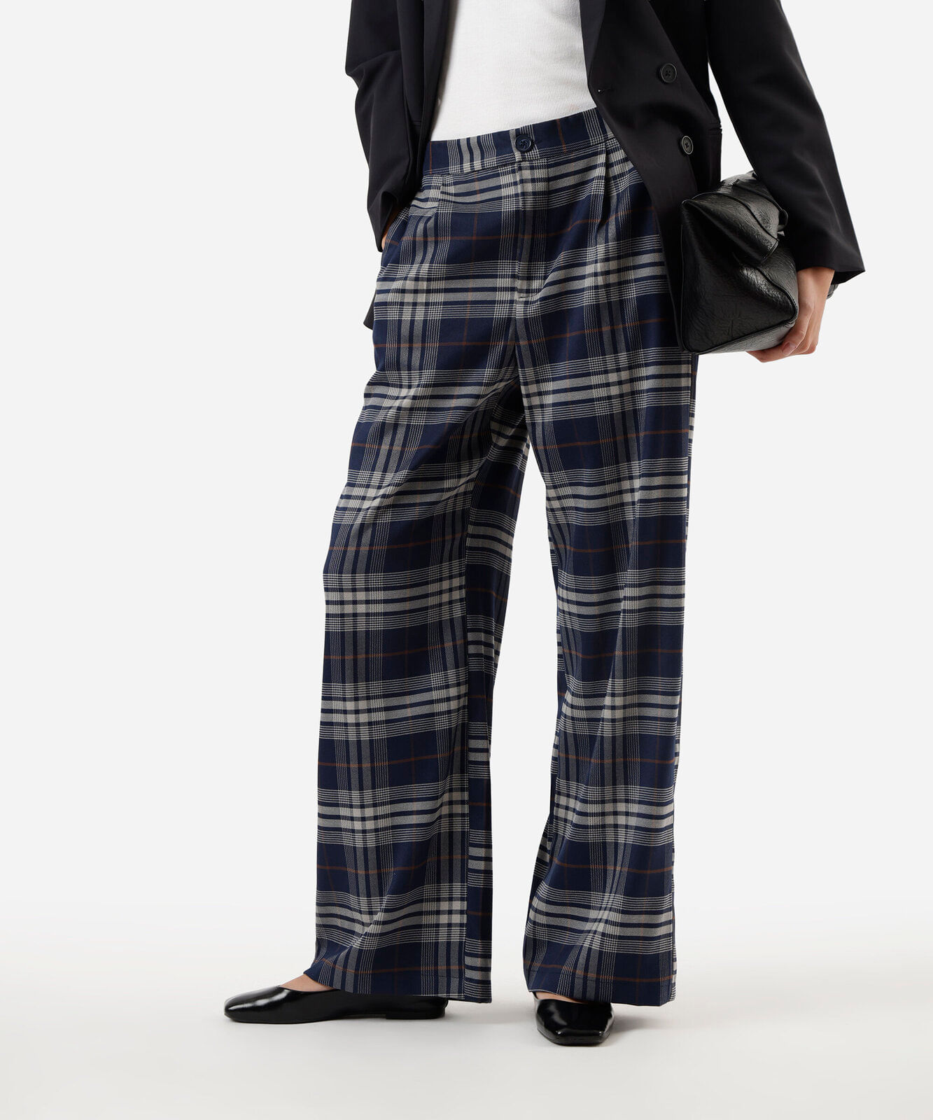 calça wide leg feminina xadrez azul