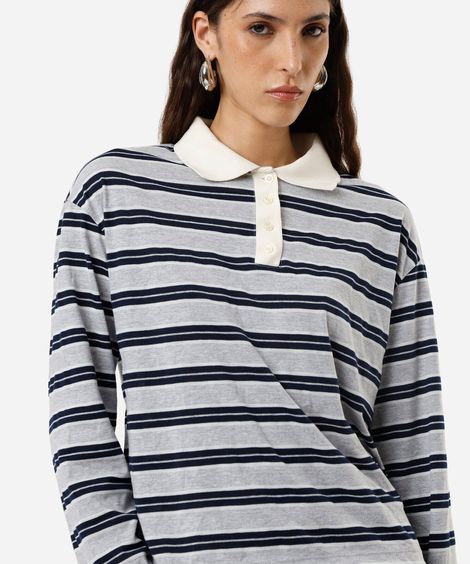 polo oversized feminina com algodão manga longa listrada cinza