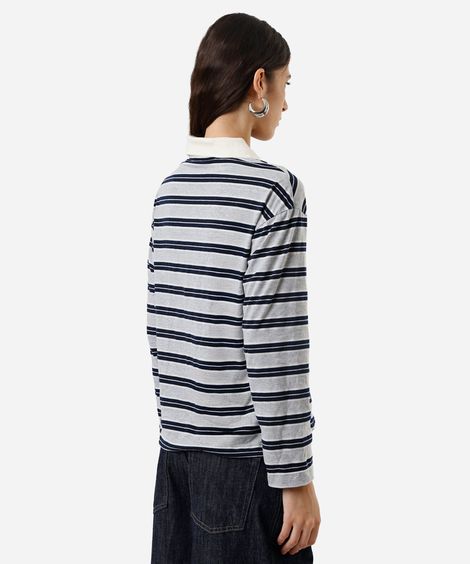 polo oversized feminina com algodão manga longa listrada cinza