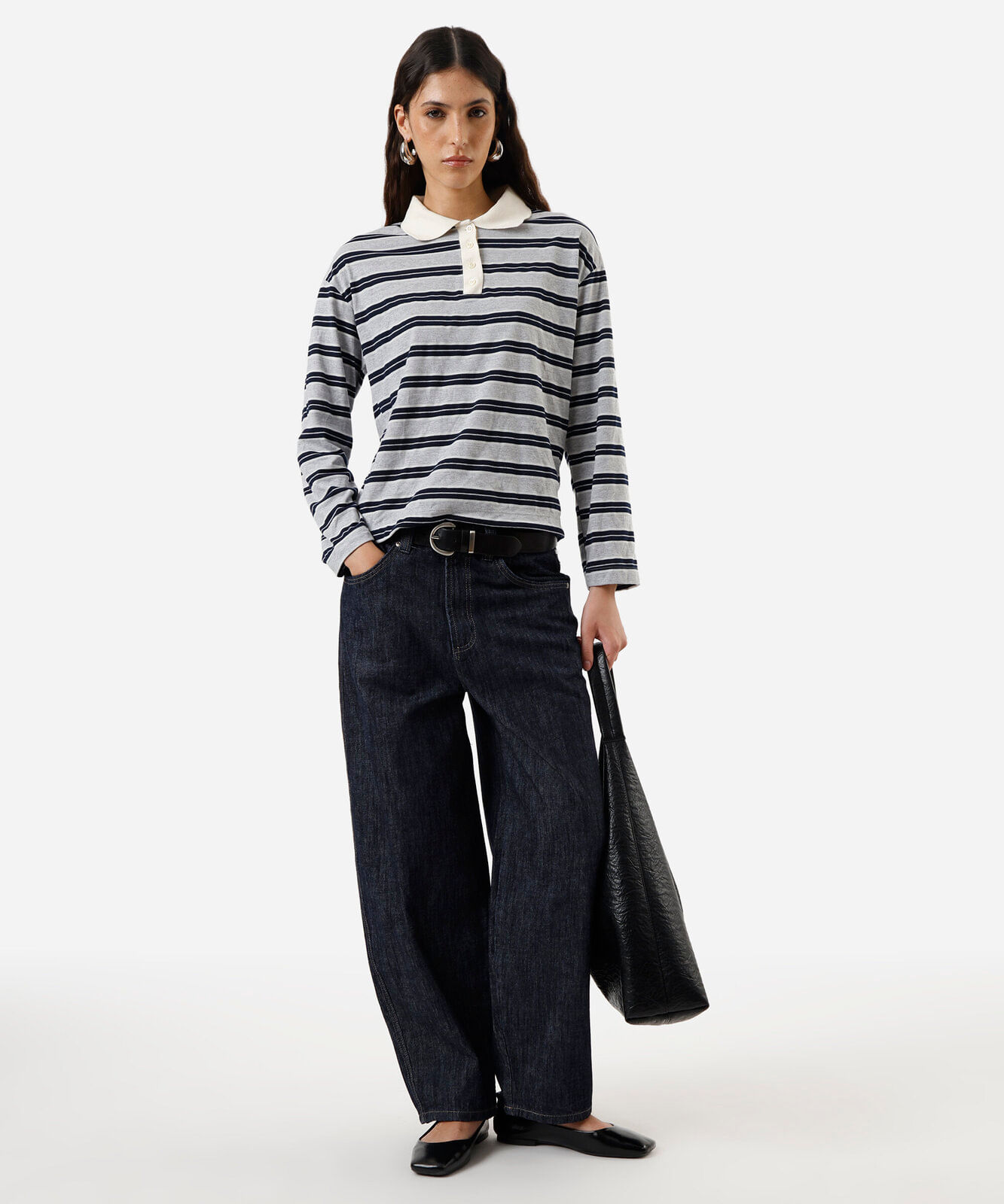 polo oversized feminina com algodão manga longa listrada cinza